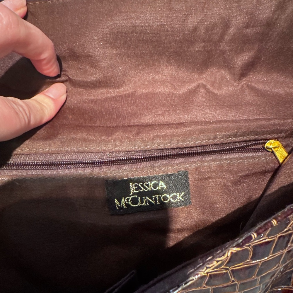 Brown Croc-Embossed Leather Shoulder Bag with Gold Buckle - Picture 3 of 6